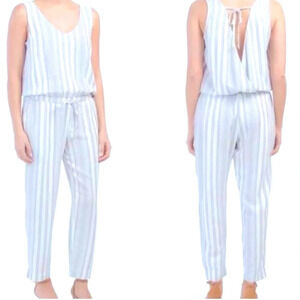 Cloth & Stone Woven Striped Tie Back Linen Blend Blue White Jumpsuit Large Boho